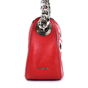Prada Hobo Vitello Shoulder Bag Grommet Chain Red Daino